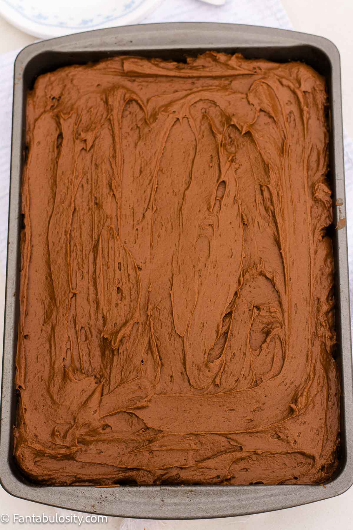 Chocolate mayonnaise cake frosted with chocolate buttercream in a 9x13-inch pan.