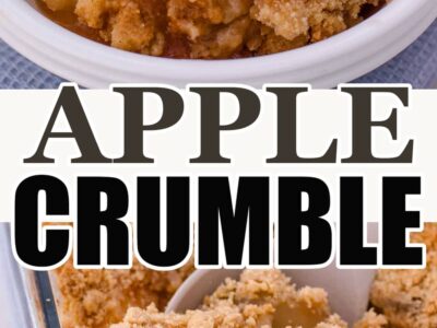 Apple crumble served with vanilla ice cream and shown in a glass baking dish, with text reading Apple Crumble Without Oats.