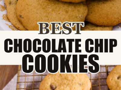 Best Chocolate Chip Cookies pin with cookies on a plate and a wire cooling rack.