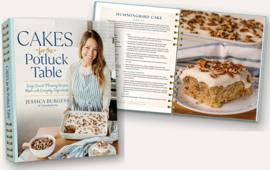 Cakes for the Potluck Table cookbook by Jessica Burgess, cover and open recipe spread