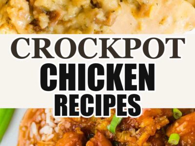 Crockpot chicken recipes Pinterest graphic with chicken and stuffing, orange chicken, and the words 8 easy ideas.