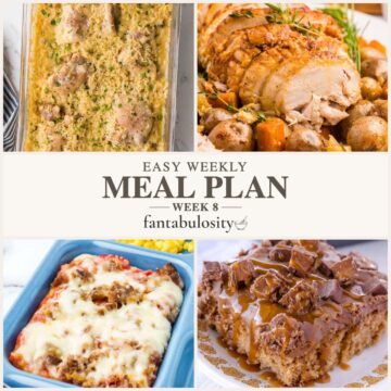 Collage of chicken and rice casserole, crock pot turkey breast, school pizza, and Milky Way cake, labeled Easy Weekly Meal Plan, Week 8.