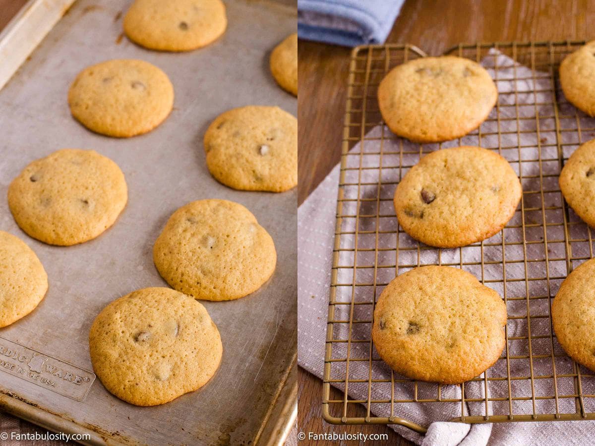 Golden chocolate chip cookies on a baking sheet and on a wire cooling rack.