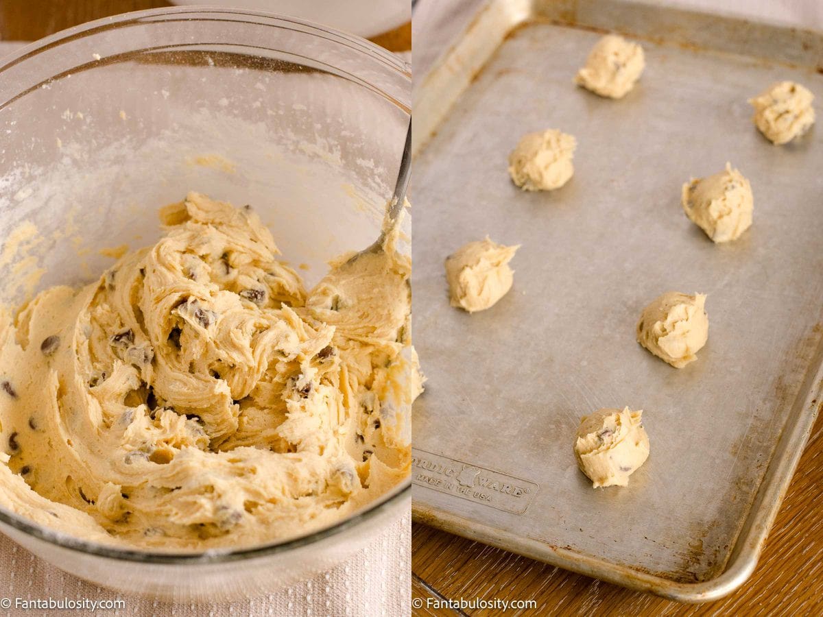 Chocolate chip cookie dough in a mixing bowl beside scoops of dough on an ungreased baking sheet.