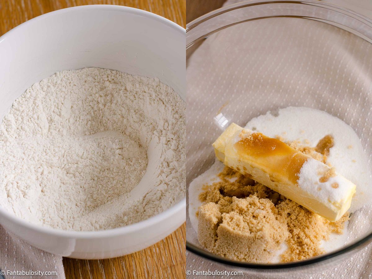 Flour mixture in a white bowl beside margarine, brown sugar, granulated sugar, and vanilla in a glass mixing bowl.