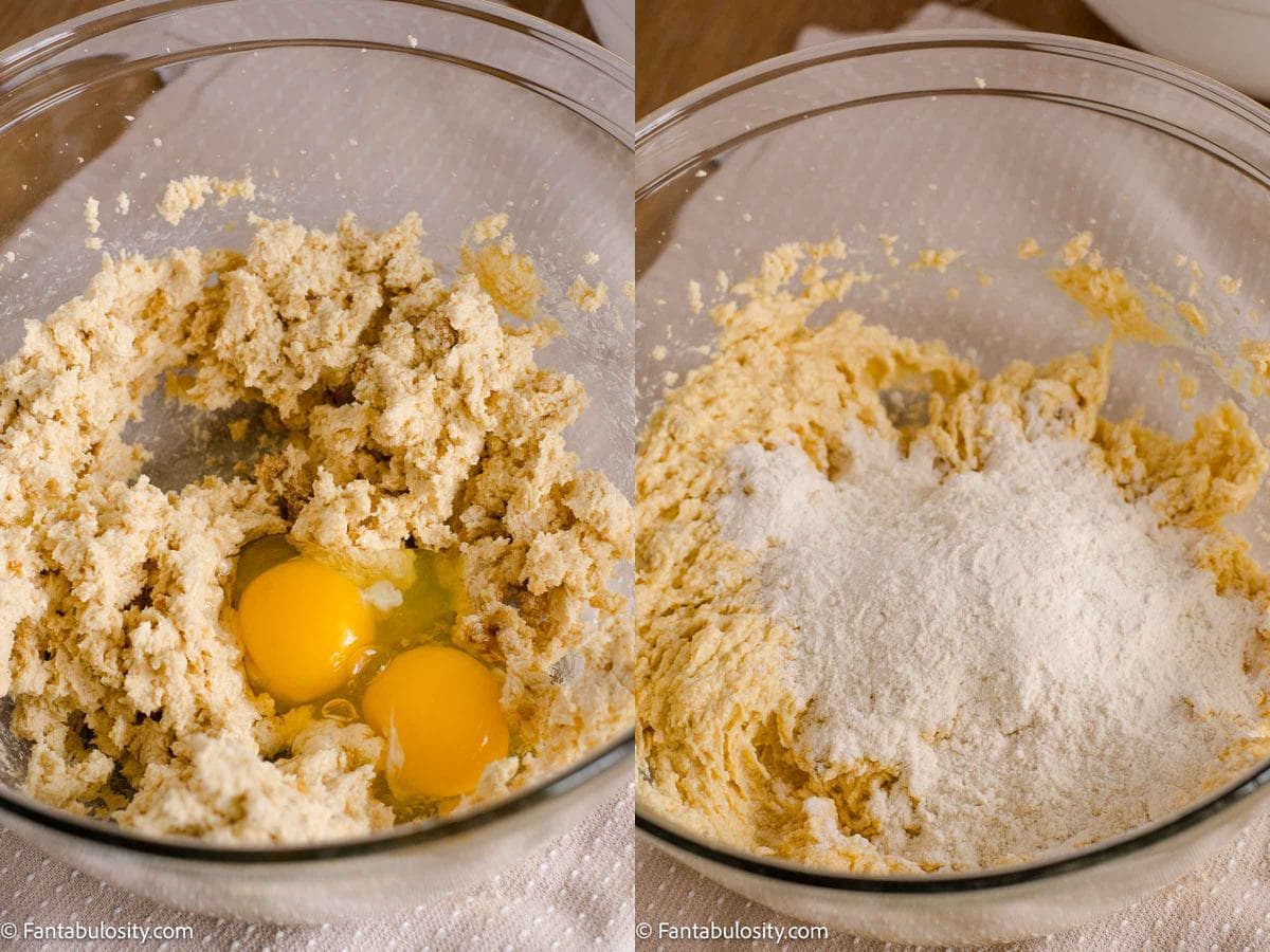 Eggs added to the creamed mixture, followed by the flour mixture in a glass mixing bowl.