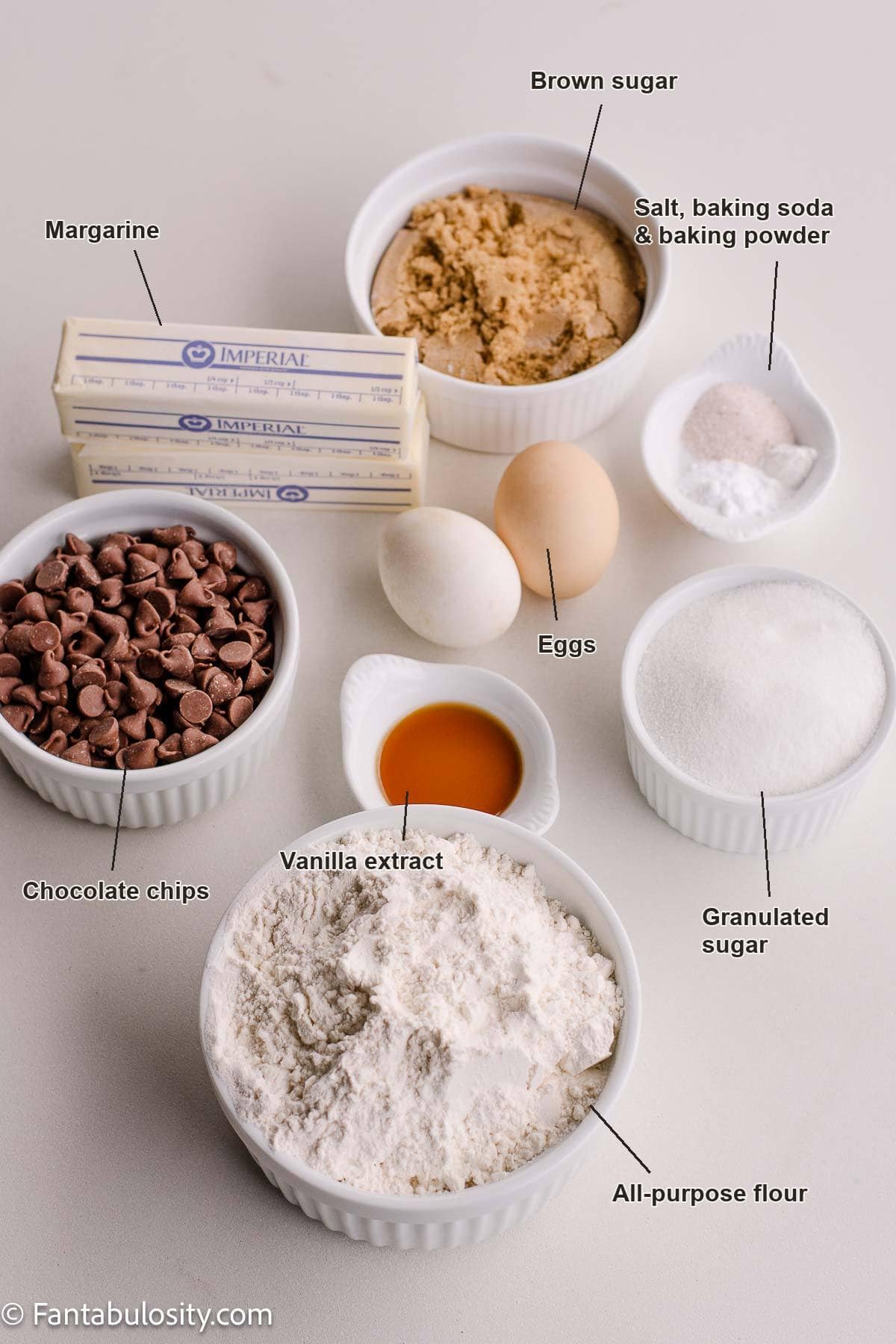 Labeled ingredients for Grandma Ann’s chocolate chip cookies: flour, margarine, brown sugar, granulated sugar, eggs, vanilla, chocolate chips, salt, baking soda, and baking powder.