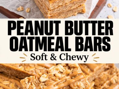 Peanut butter oatmeal bars with peanut butter drizzle in a two-photo collage labeled Soft & Chewy, 3 Ingredients, No Bake.