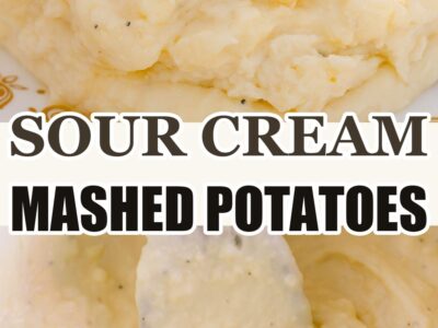 Sour Cream Mashed Potatoes recipe with a butter-topped serving and potatoes stirred in the pot.