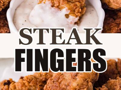 Steak fingers with white gravy and the title Steak Fingers.