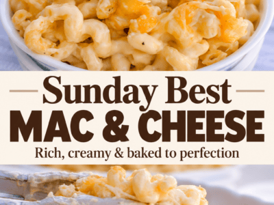 Sunday Best Mac and Cheese Pinterest pin with creamy cavatappi in a bowl and a melted cheese pull.